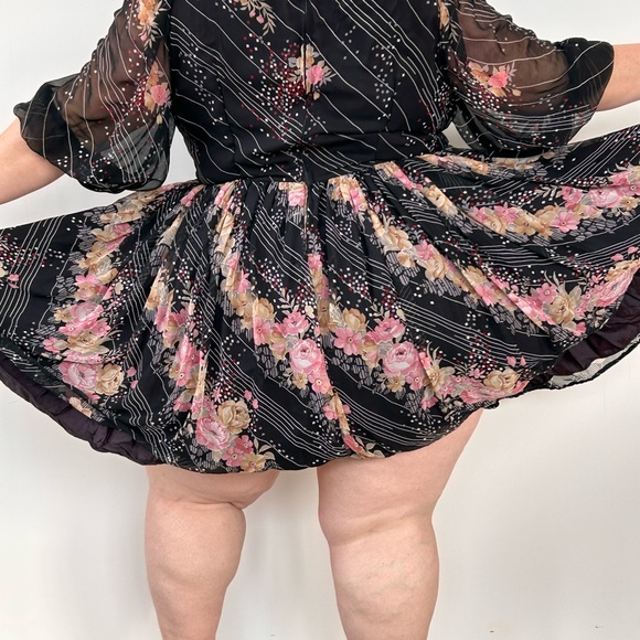 Vintage 70s Early 80s Handmade Black Chiffon Country Deco Floral Plus Size Dress - Picture 6 of 6